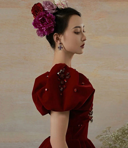 Burgundy velvet long prom dress evening gown  10239