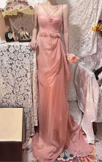 Pink floral long chiffon ball gown party gown graduation gown gh4505