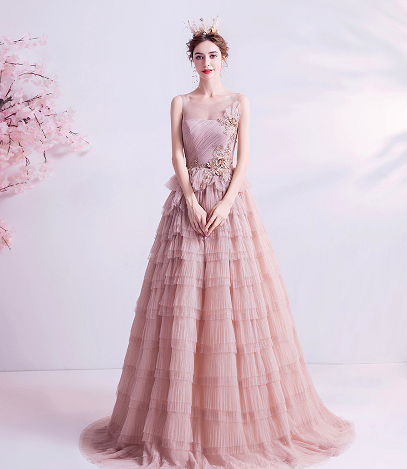 Pink tulle lace long prom dress A line evening gown  10059