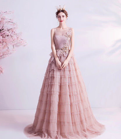 Pink tulle lace long prom dress A line evening gown  10059