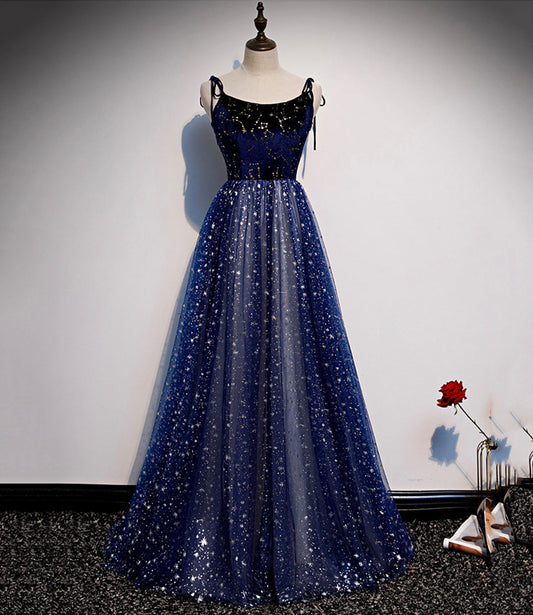 Blue velvet tulle long prom dress A line evening dress  10515