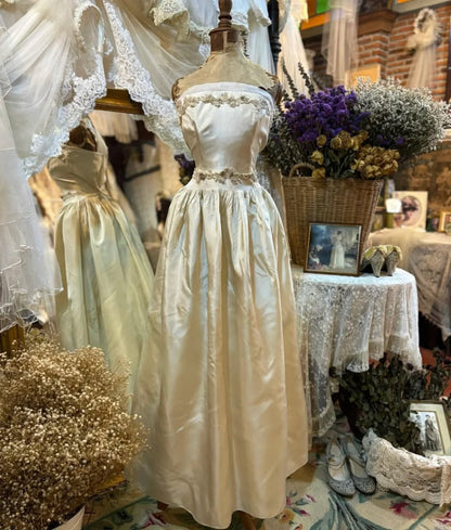 preppydressess-Beige Beaded Long Vintage Elegant Satin Prom dress Evening Dress gh5043