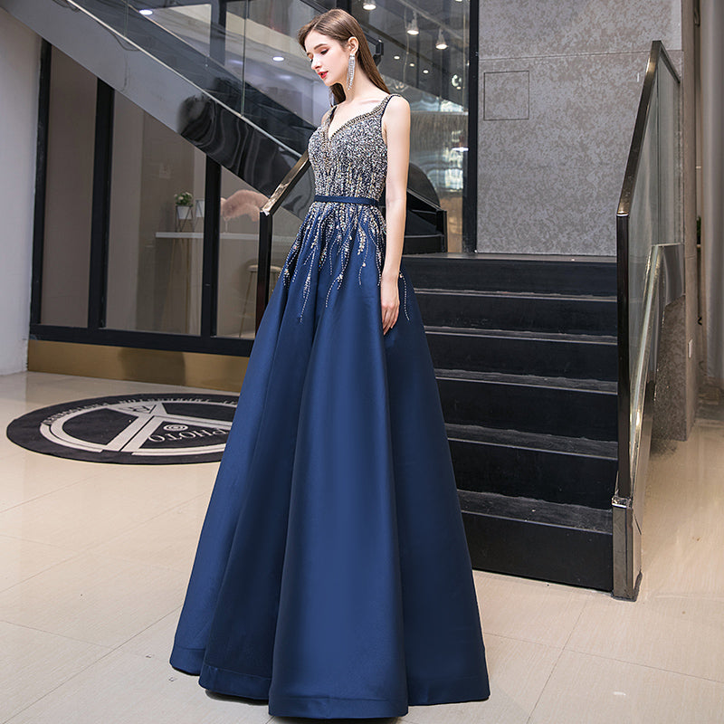 High quality v neck beads long prom dress blue evening dress  8526