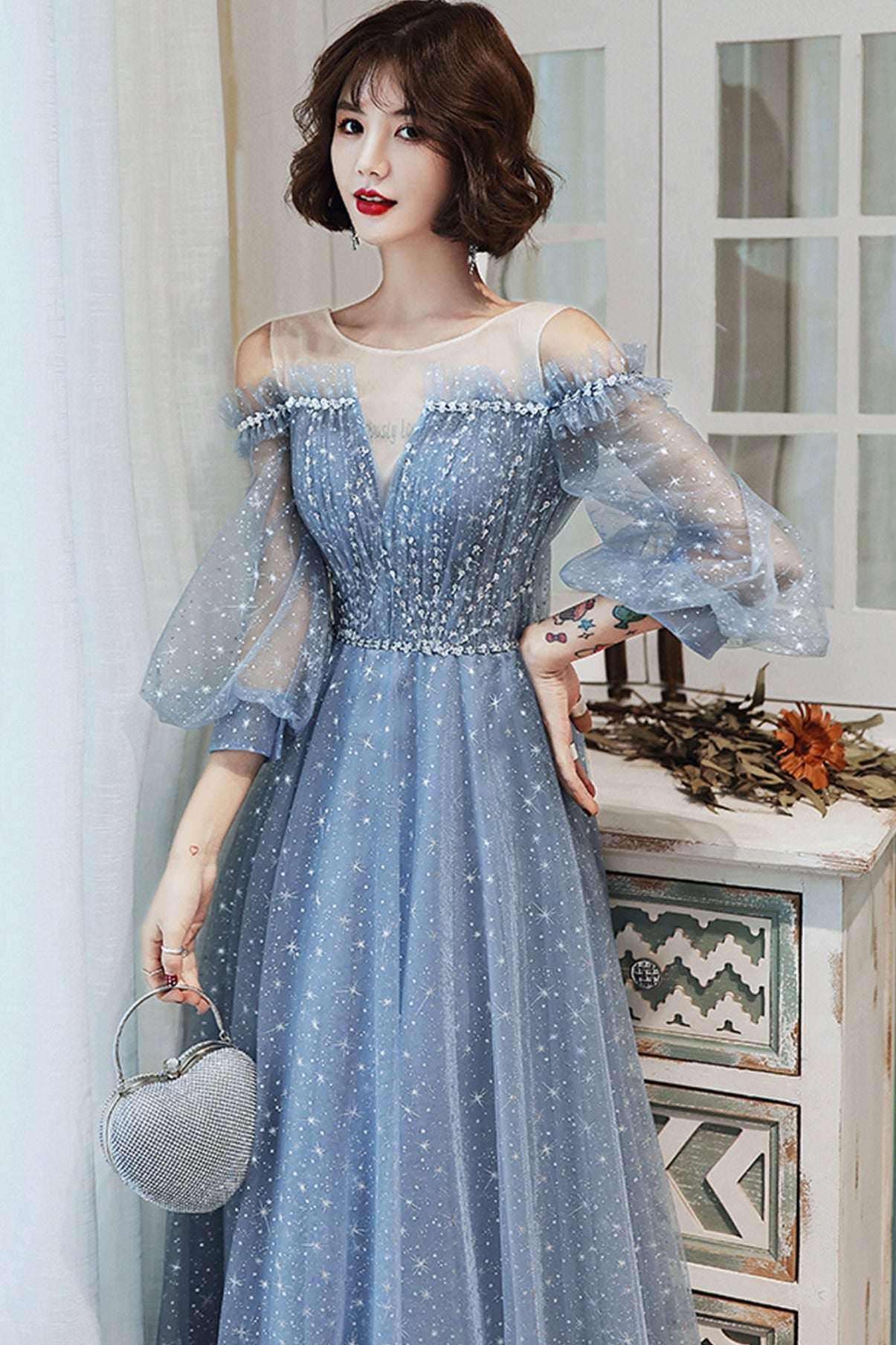 Blue tulle long A line prom dress blue evening dress  8759