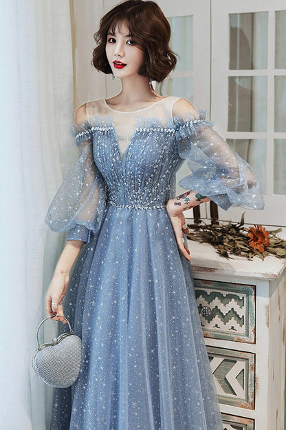 Blue tulle long A line prom dress blue evening dress  8759