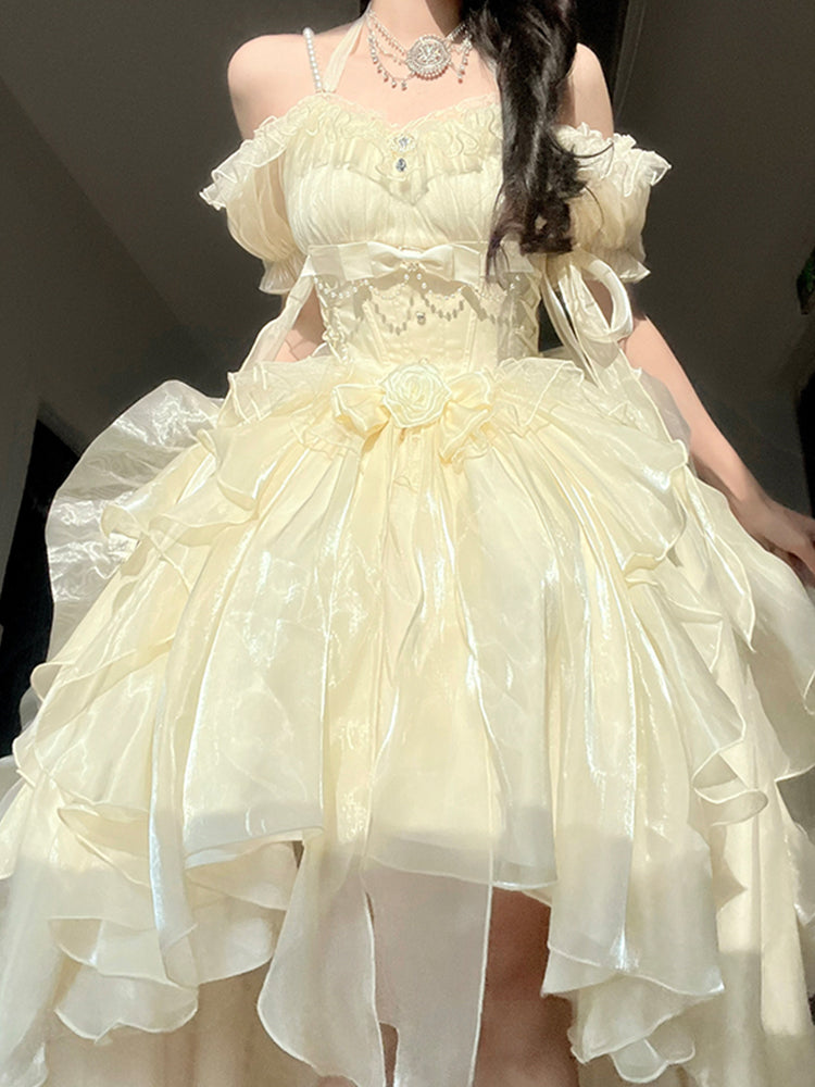 Vintage High Low Off The Shoulder Short Sleeves 16th Chiffon Birthday Dress Lolita Dress Birthday Outfits W1130