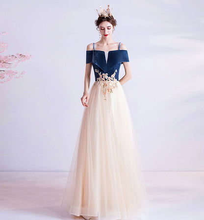 Blue velvet tulle long prom dress evening dress  8447