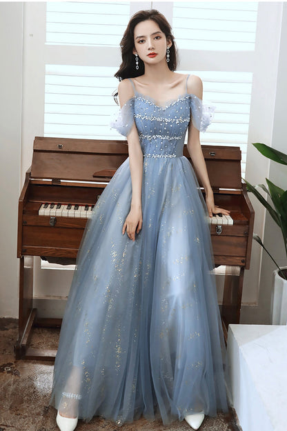 Blue tulle beads long A line prom dress evening dress  8713