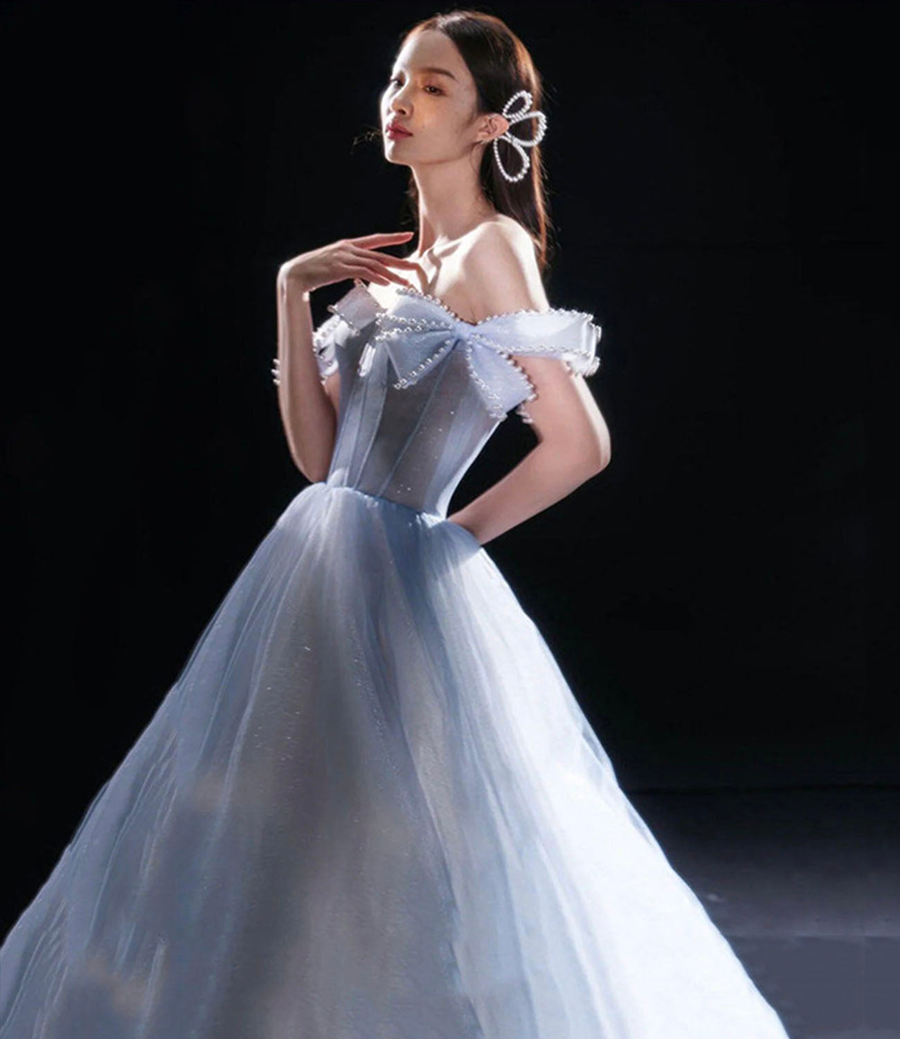 Blue tulle long A line prom dress blue evening dress  10291