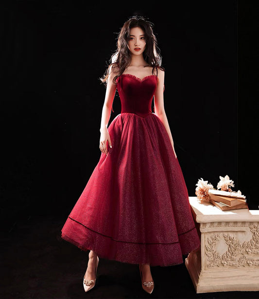 Burgundy tulle short A line prom dress party dress  8788