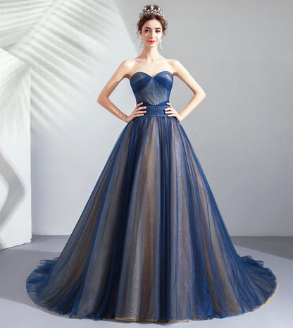 Blue tulle long prom dress blue evening dress  8431
