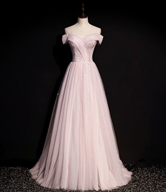 Pink tulle beads long prom dress A line evening dress  8648