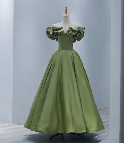 Green satin long A line prom dress evening dress  8816