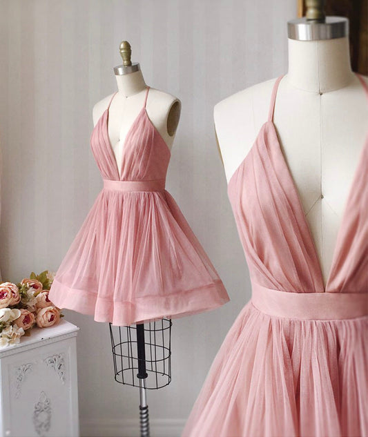Pink v neck tulle short prom dress party dress  8469