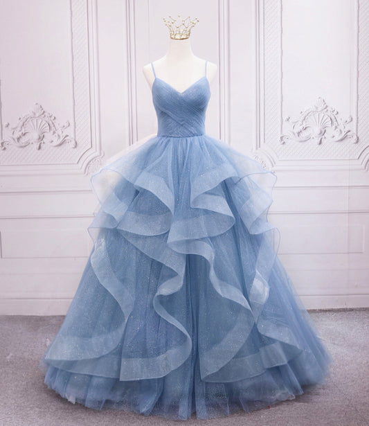 Blue tulle long prom dress blue evening gown  10248