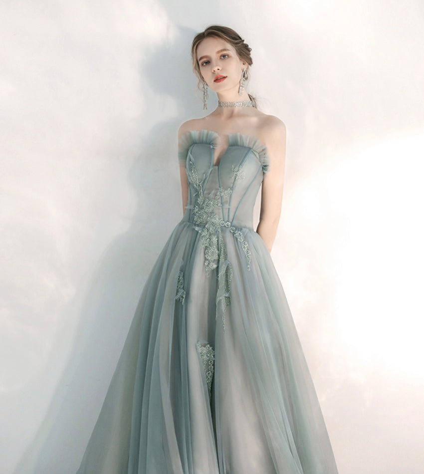 Stylish tulle lace long prom dress green evening dress  8547