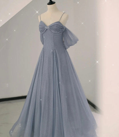 Gray tulle sequins long prom dress gray evening dress  10633