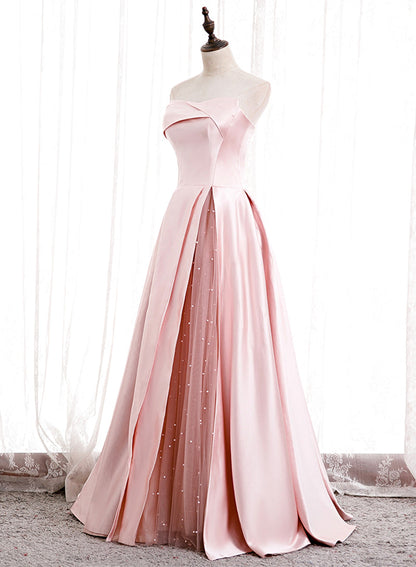 Pink satin long prom dress pink evening dress  8550
