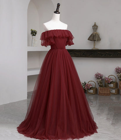 Burgundy tulle long prom dress A line evening dress  10503