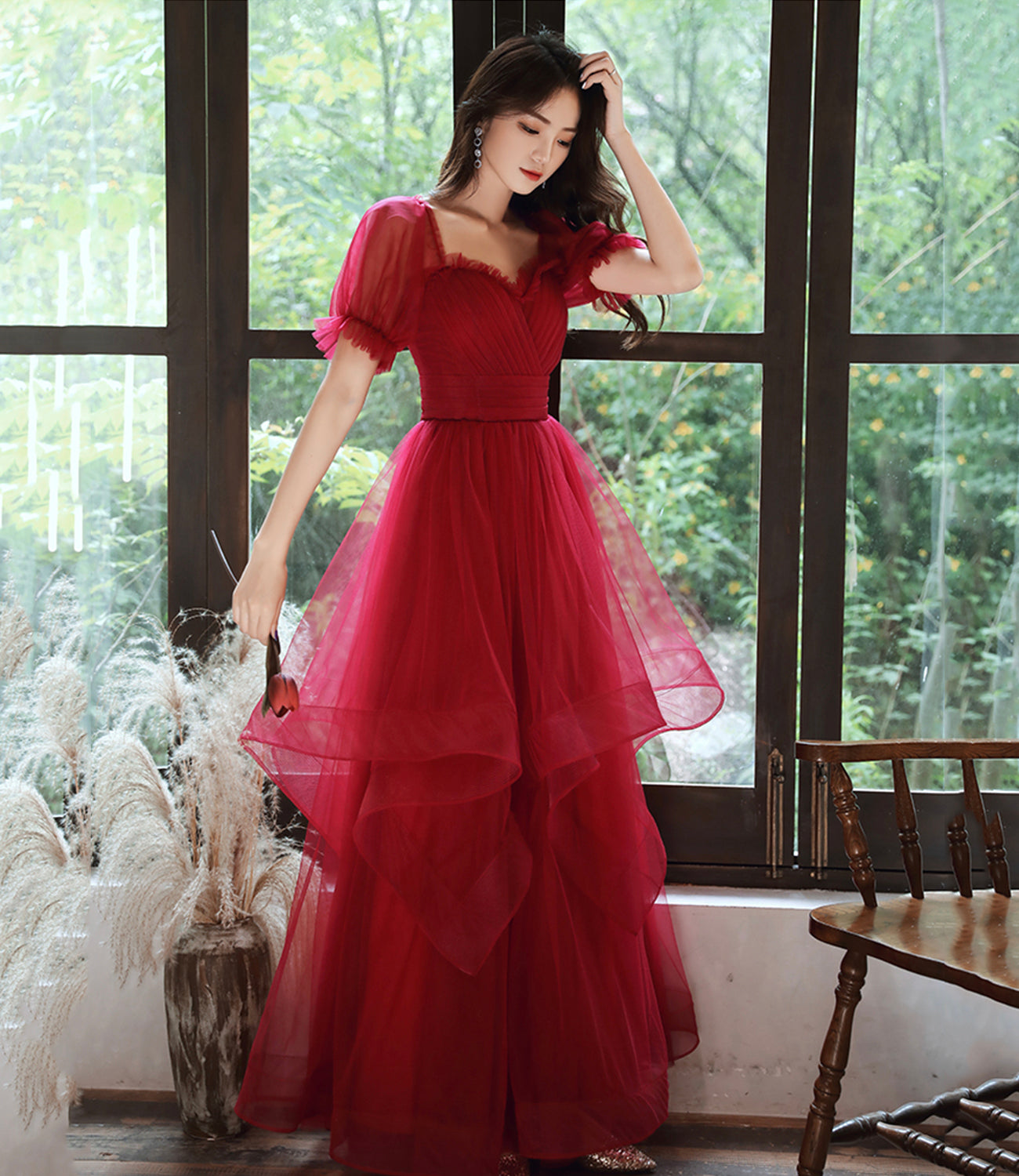 Burgundy tulle long prom dress evening gown  8959
