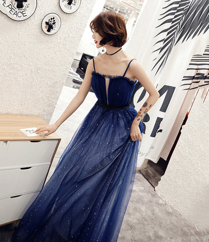 Blue tulle long A line prom dress blue evening dress  10068