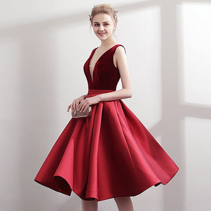 Burgundy v neck velvet satin short prom dress, homecoming dress  7895