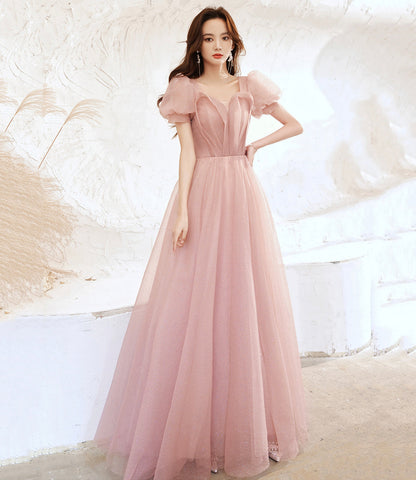 Cute tulle long prom dress pink A line evening dress  10524