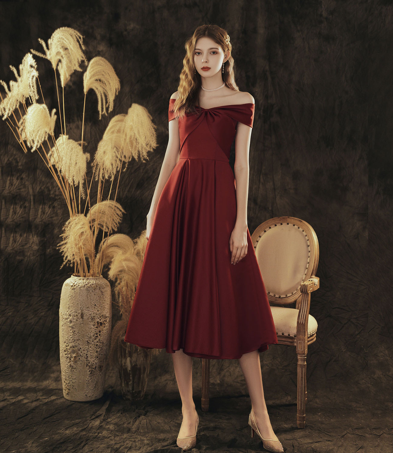 Burgundy tulle beads long prom dress evening dress  10418