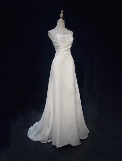White Simple Fashionable Elegant Understated Exquisite Applique Long Floor Length Satin Ball Dress Evening Dress Wedding Dress gh3862