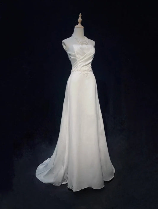 White Simple Fashionable Elegant Understated Exquisite Applique Long Floor Length Satin Ball Dress Evening Dress Wedding Dress gh3862