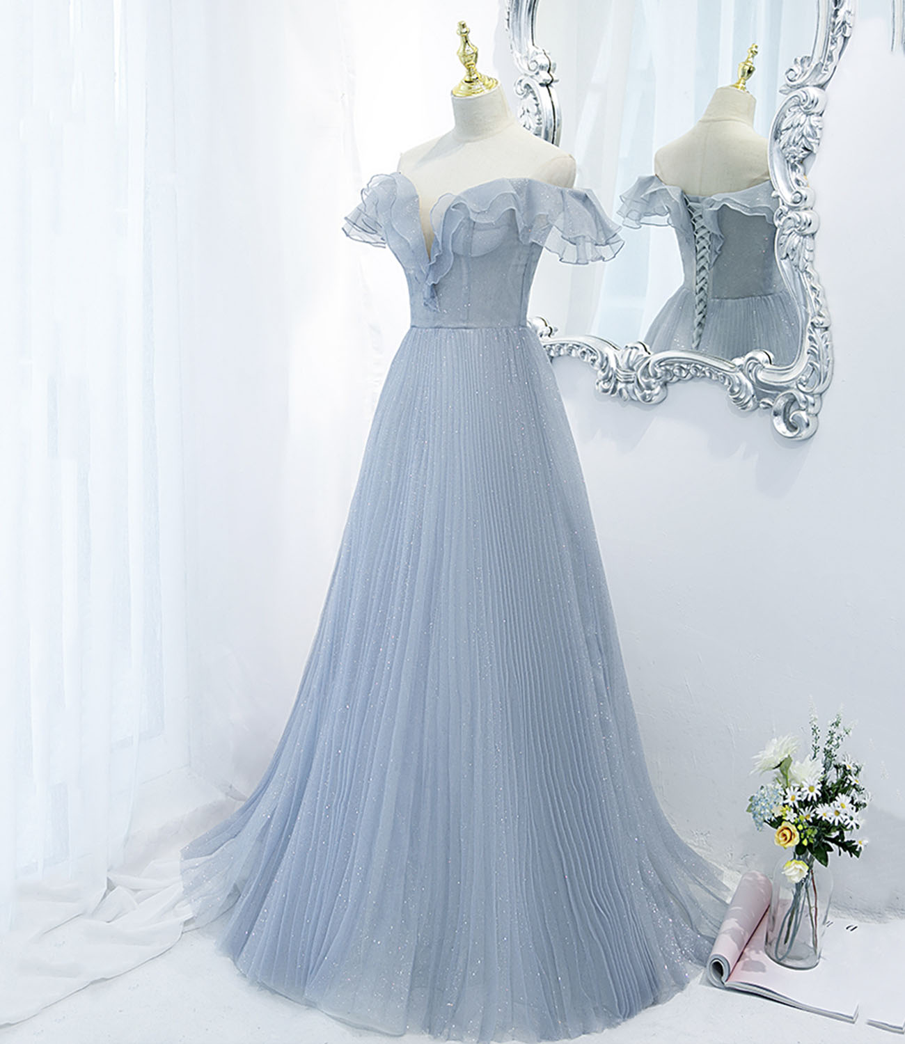 Blue tulle long prom dress blue evening dress  10270