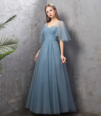 Blue tulle long A line prom dress blue evening dress  10588