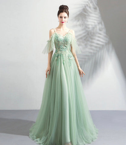 Green tulle lace long prom dress A line evening dress  10575