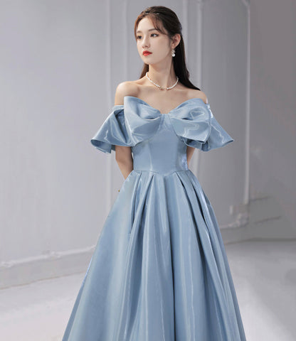 Blue satin long prom dress A line evening dress  10581