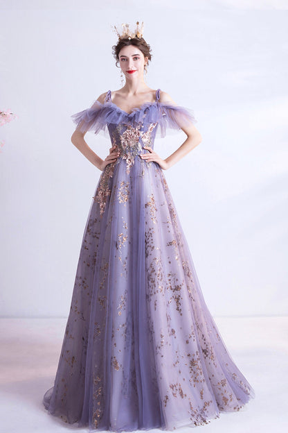 Purple tulle sequins long A line prom dress evening dress  8750