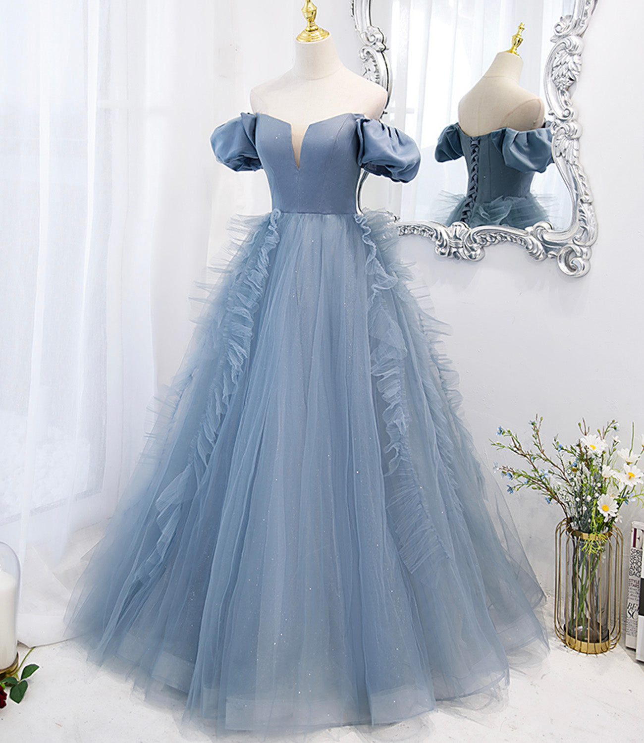Blue tulle long prom dress blue evening dress  10294