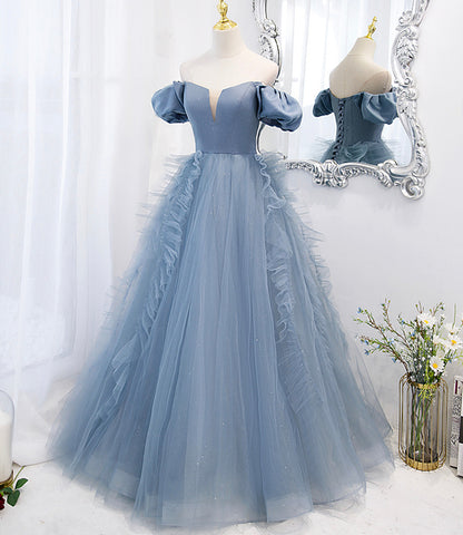 Blue tulle long prom dress blue evening dress  10294