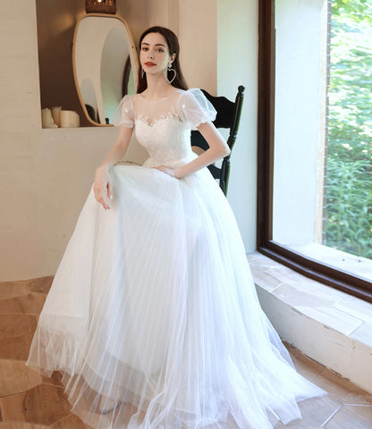 White tulle lace long prom dress A line evening gown  10057