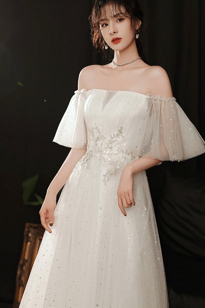 White tulle long A line prom dress white evening dress  8762