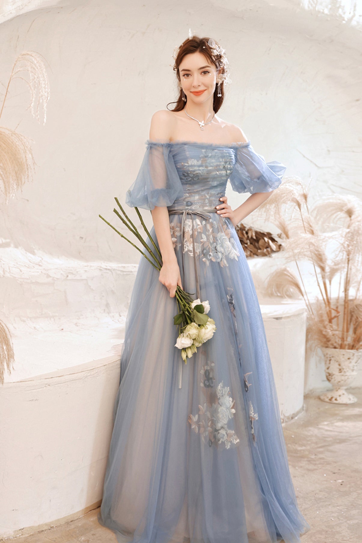 Blue lace long A line prom dress blue evening dress  8751