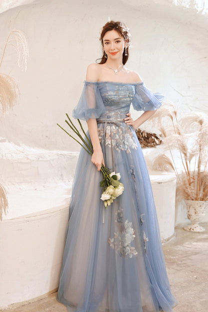 Blue lace long A line prom dress blue evening dress  8751