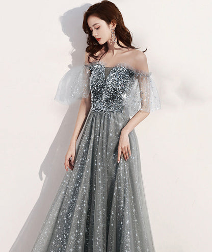Shiny tulle long prom dress with sequins gray evening dress  8405