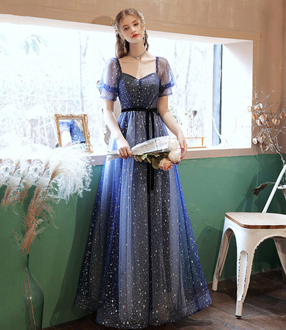 Blue tulle long A line prom dress blue evening dress  8658