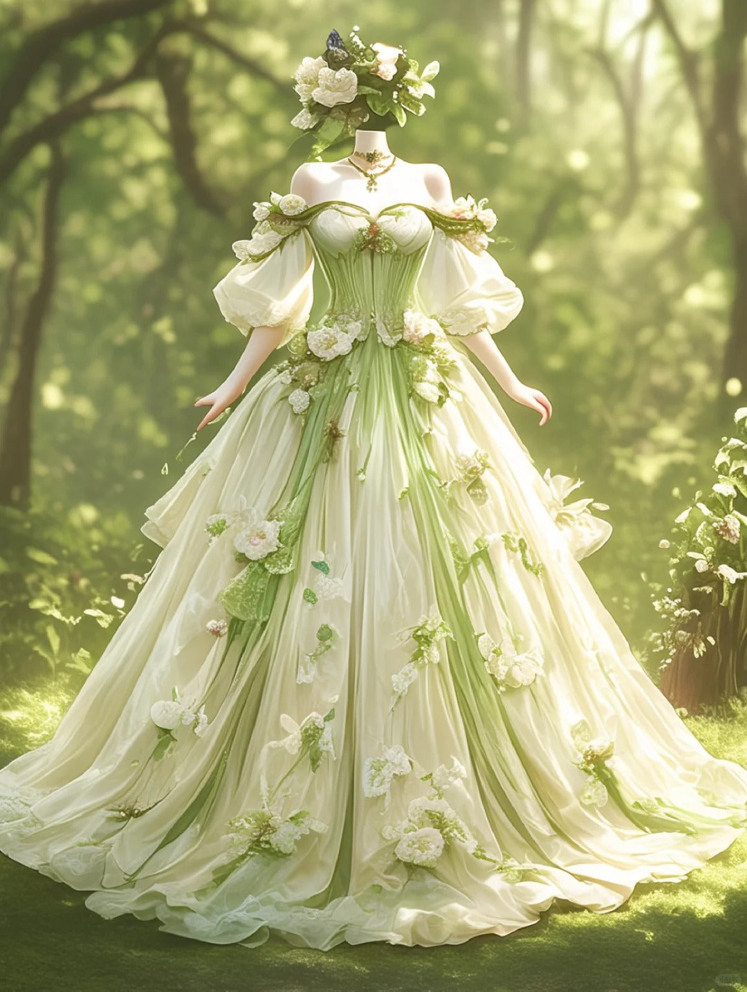 Green forest fantasy fantasy floral long tulle ball gown evening gown wedding dress gh4735