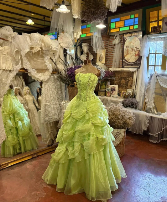 preppydressess-Green beaded long tulle vintage elegant ball gown evening dress gh5044