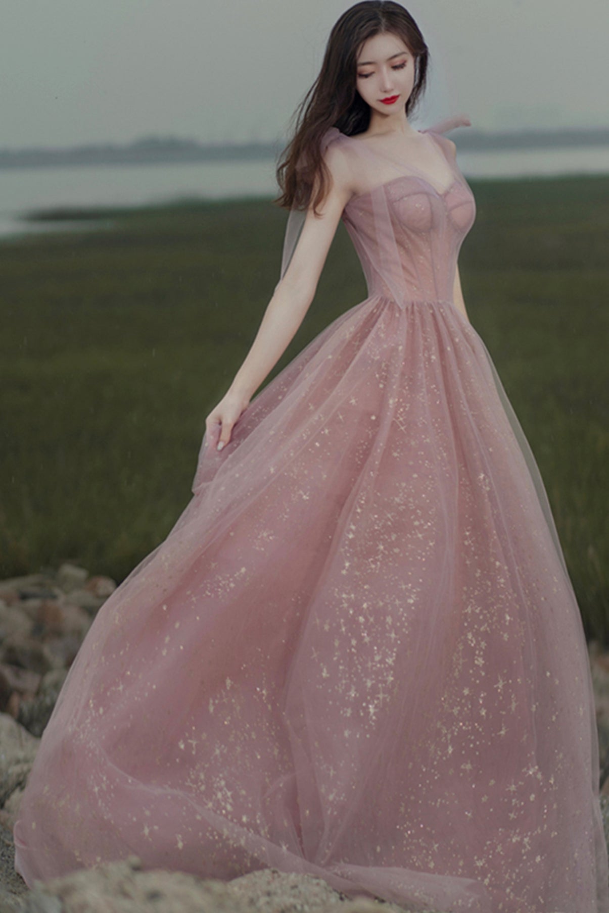 Pink A line prom dress pink tulle evening dress  8656