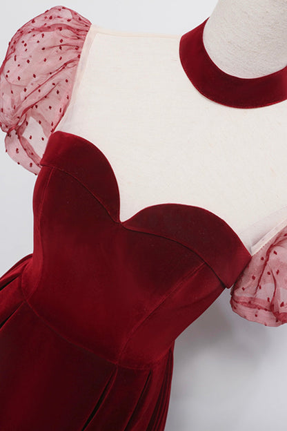 Cute velvet long prom dress burgundy A line evening dress  8652