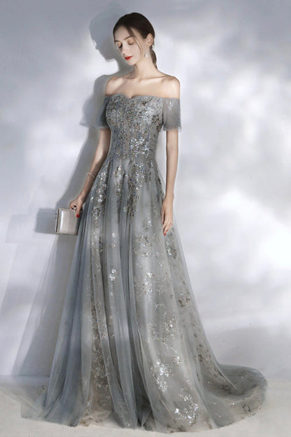 Grey sequins long A line prom dress evening dress  8575
