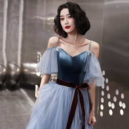 Blue tulle long A line prom dress evening dress  8995