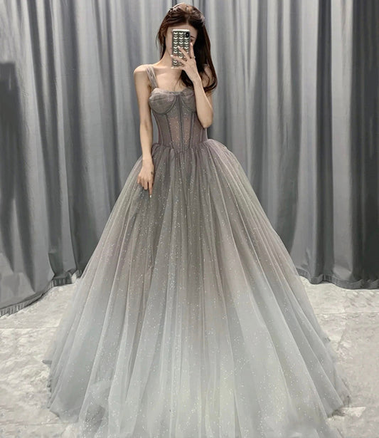 Gray tulle sequins long prom dress A line evening gown  10564